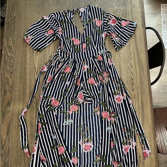 J For Justify Floral High-Low Romper Dress Flutter Sleeve Striped Navy White S - Picture 3 of 11